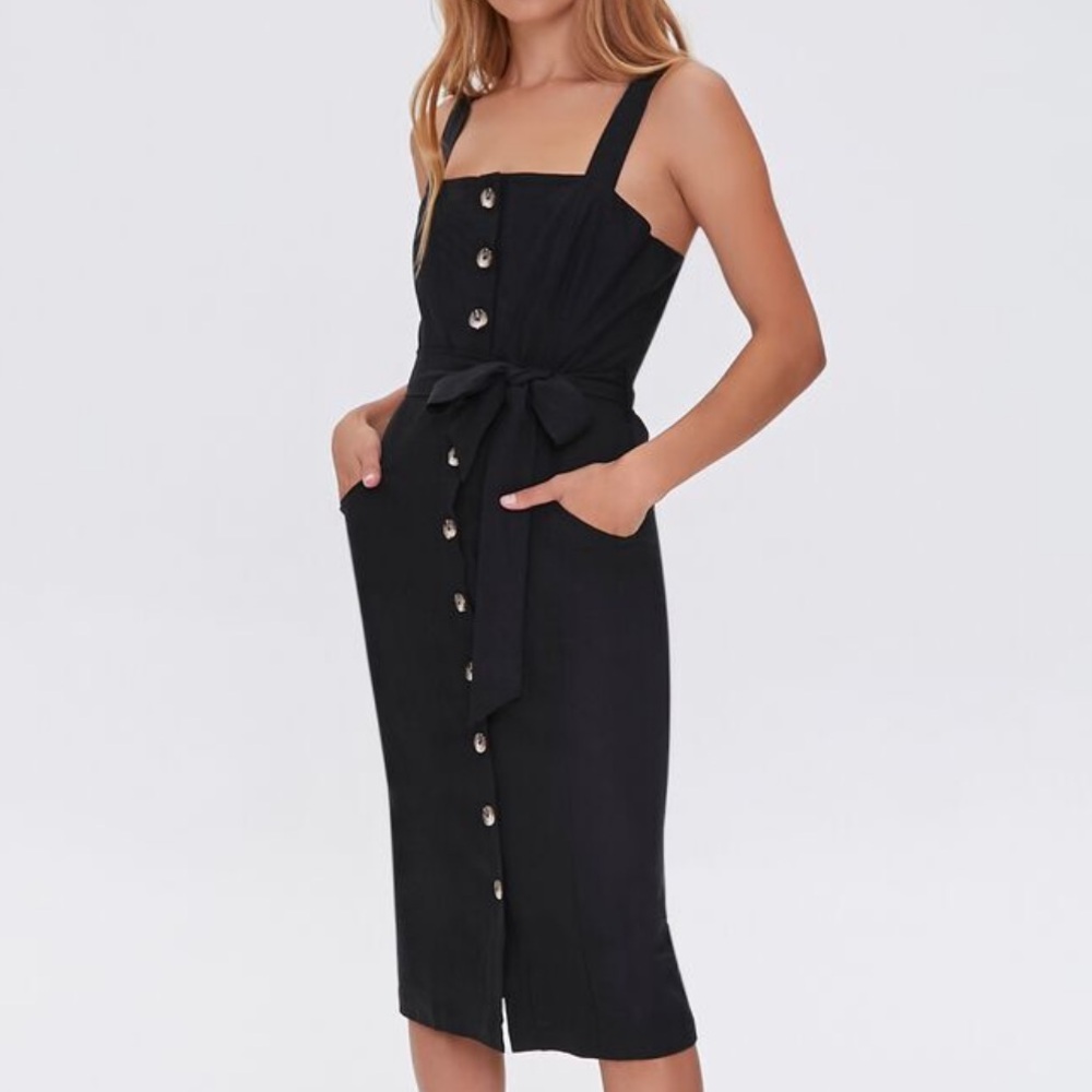 Black Linen Button Down Sleeveless Summer Dress with Belt MIDI